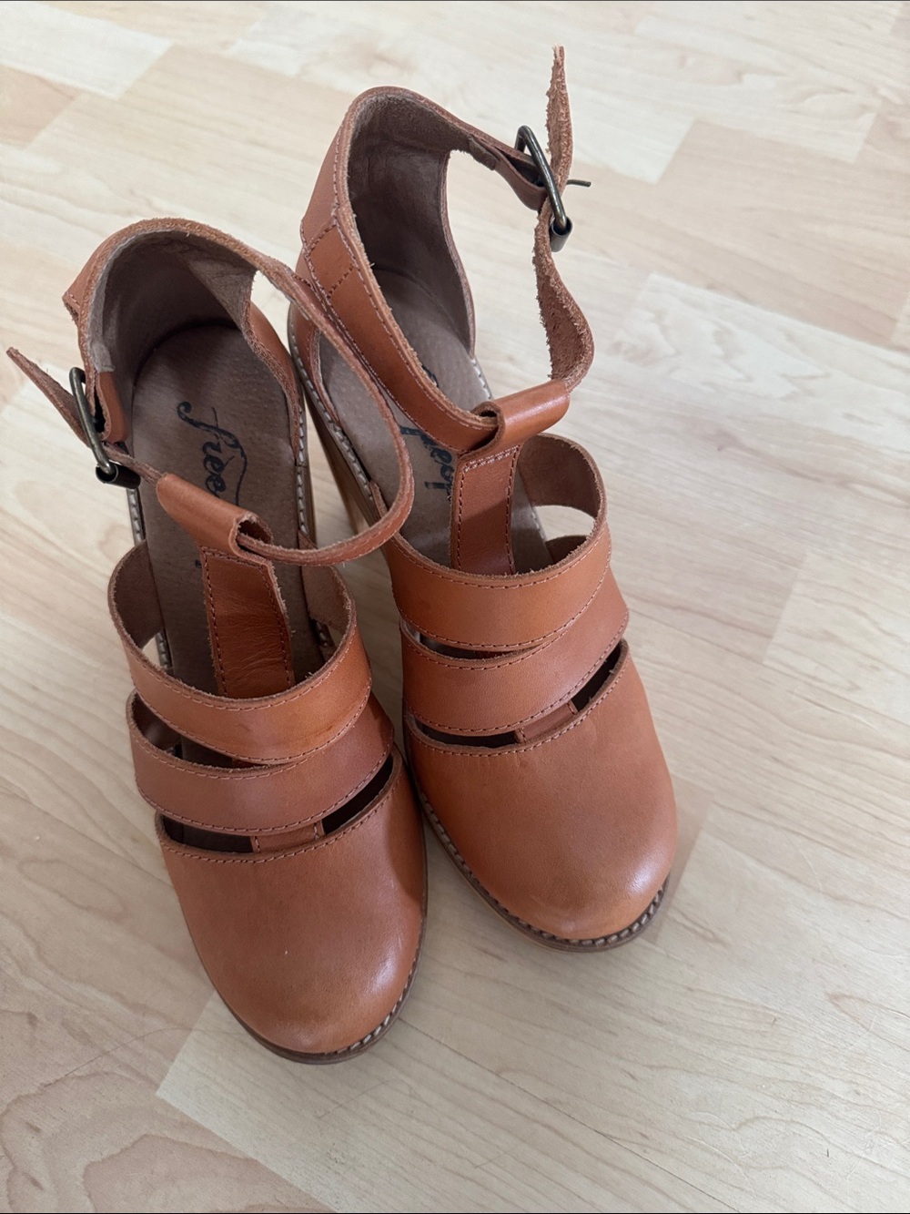 Free People Cognac Brown Triple-Strap Heels